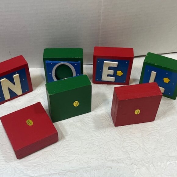 VTG 7 Piece Wooden Christmas JOY NOEL Blocks Picture Frames Table Decor 2.5" - Picture 4 of 14